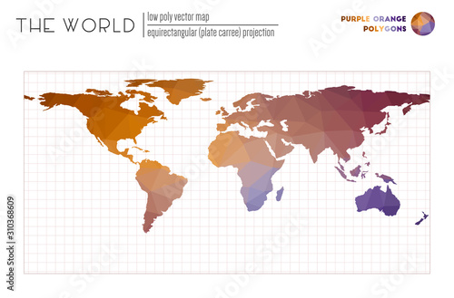 Polygonal map of the world. Equirectangular (plate carree) projection of the world. Purple Orange colored polygons. Creative vector illustration.