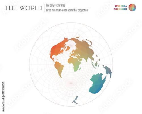 Vector map of the world. Airy s minimum-error azimuthal projection of the world. Spectral colored polygons. Beautiful vector illustration.