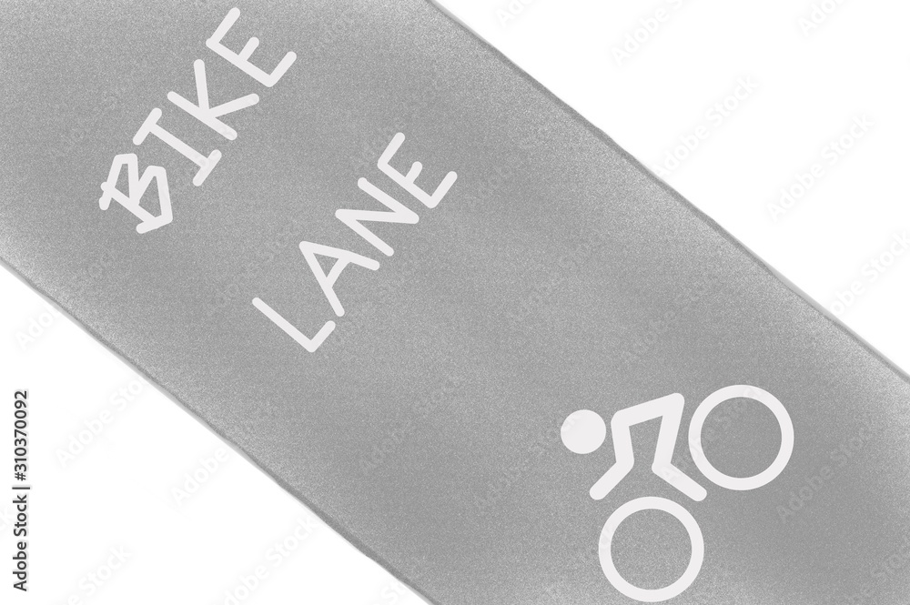 Hand drawing. White wording “BIKE LANE” and symbol people ride bicycle on gray floor. Exercise, Ecology concept can be use for card, banner, advertising.