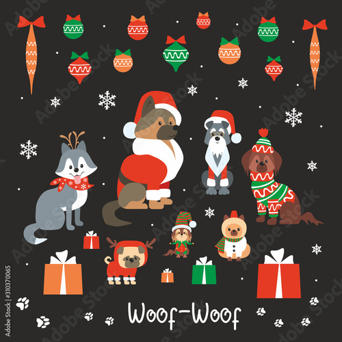 Cute doggies in Christmas costumes. Vector illustrations set