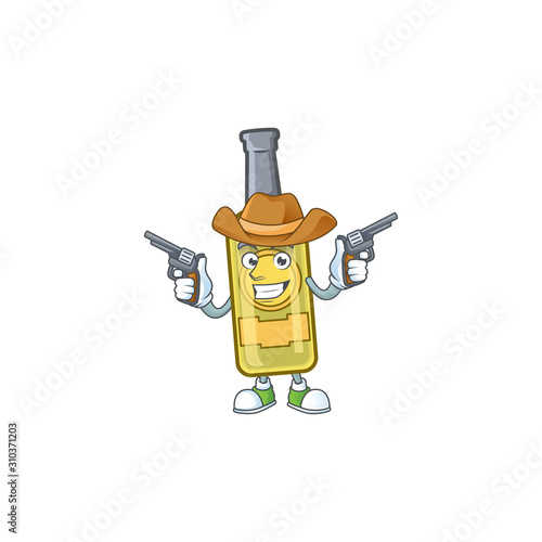 Smiling champagne yellow bottle mascot icon as a Cowboy holding guns