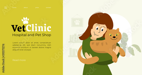 Design for vet clinic, medical center or pet shop. Cute girl hugging cat in hands. Vector illustration veterinary hospital or health care service for domestic animals. Template layout, banner, flyer.
