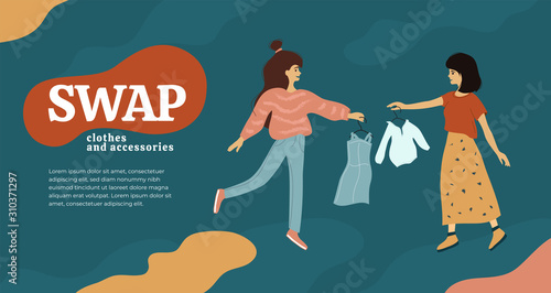 Girls exchange dress and shirts on hangers. Swap clothes and accessories. Flea market, shop or party of exchange old wardrobe for new. Template for banner, poster, layout, flyer. Vector illustration. photo