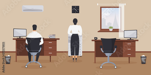 Interior of working place in the office on the light cream background. Vector illustration. Office worker in the workplace and the clerk stands behind the scanner. For advertising,sites