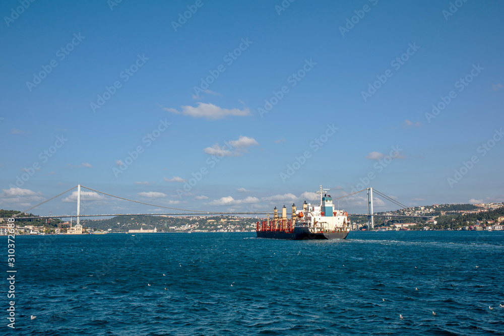 Freighter going from Istanbul Bosphorus to Black Sea