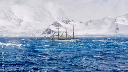 Photos Extreme sailing conditions in Antarctica, as a three masted schooner sails south in a gale, passing the snow-capped mountains and glaciers of the South Shetland Islands