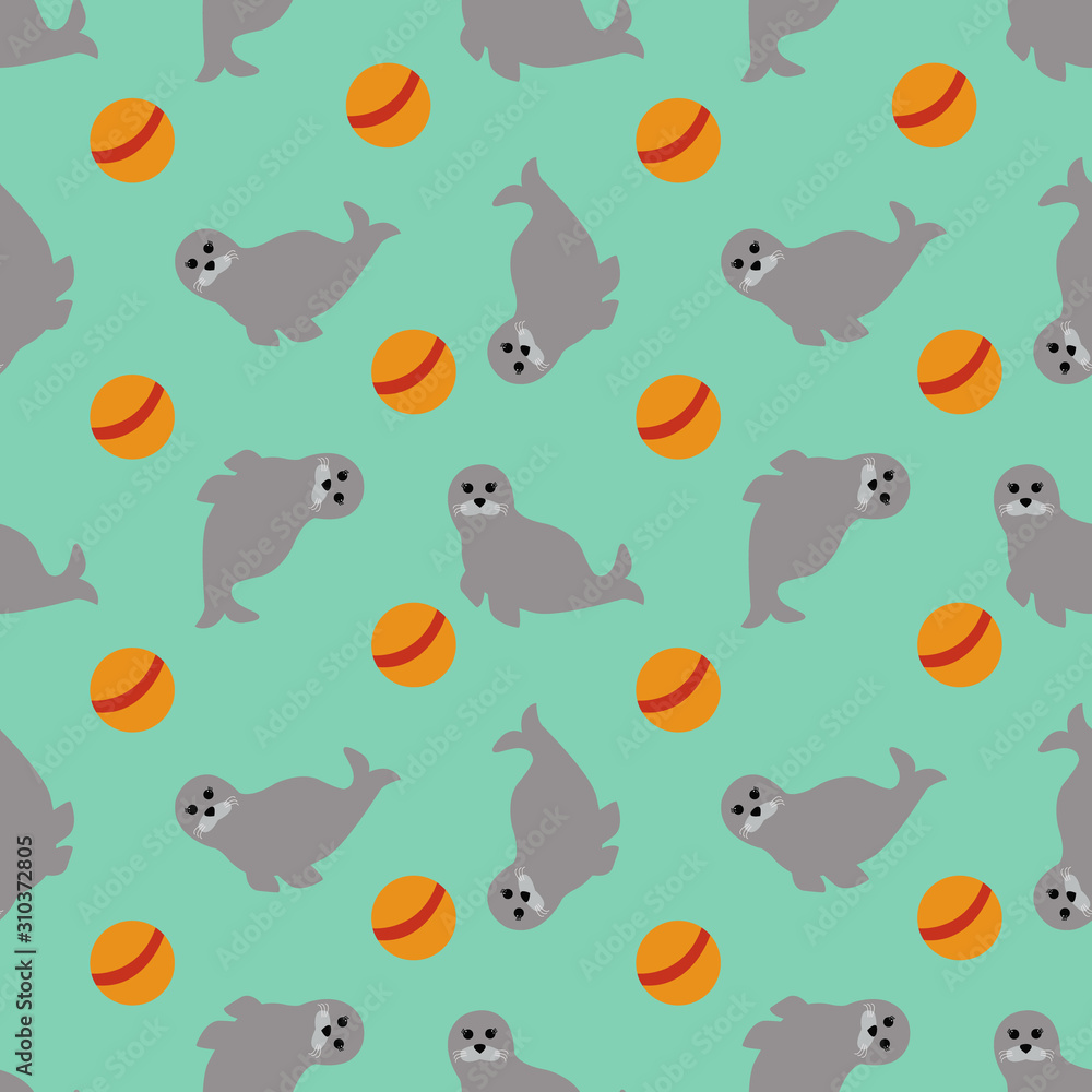 Seamless pattern with cute fur seal and ball. Vector illustration. Seamless pattern with cute fur seal and ball. Vector illustration.