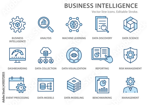 Business Intelligence icons set. Vector illustration. Editable stroke.