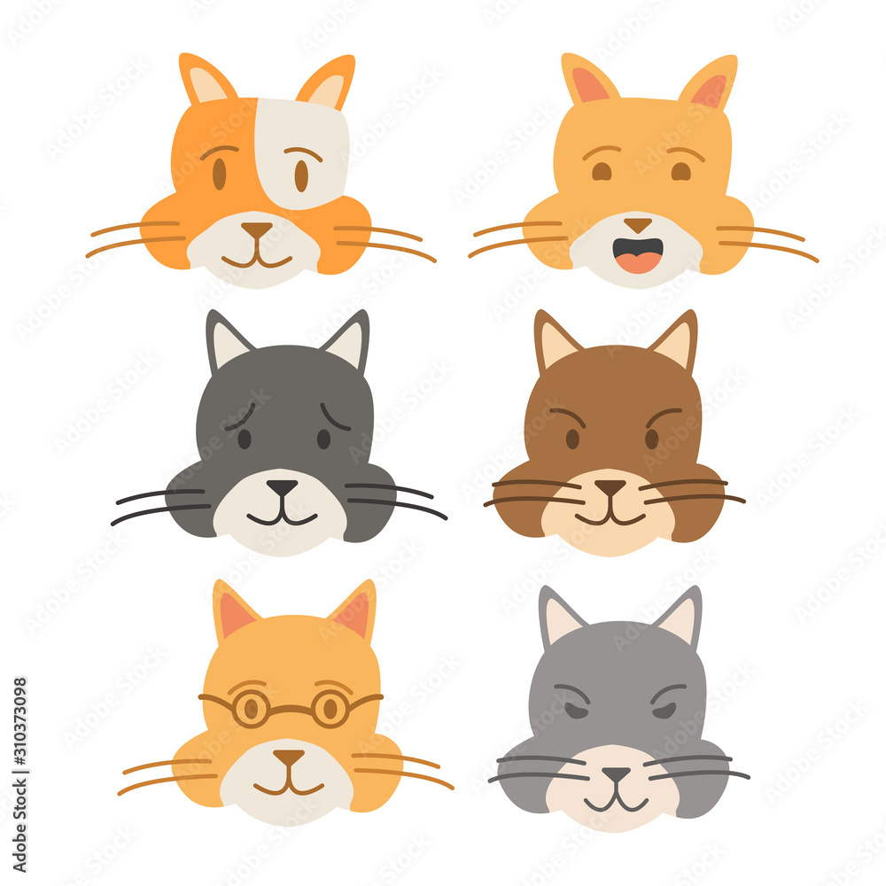 Set face cats. Cartoon character animal kitten. Flat vector. A concept an illustration for veterinary clinics and children's books.
