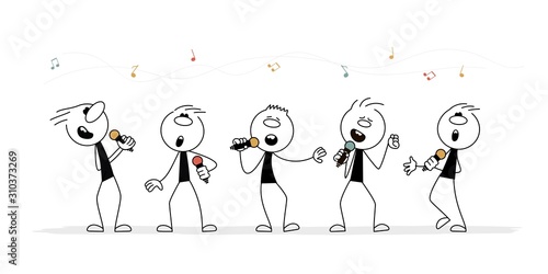 Doodle stick figure: Little people with microphones. Men man singing. 