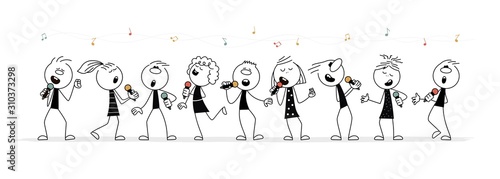 Doodle stick figure: Little singing  people with microphones.