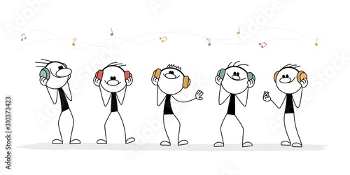 Doodle stick figure: Little people listen to music.