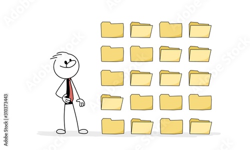 Doodle stick figure: businessman is standing near of a background of digital files. 