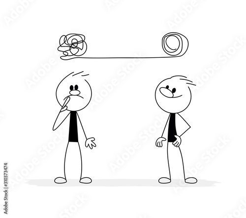 Doodle stick figure: tangle tangled and unraveled, metaphor, business problem solving concept.
