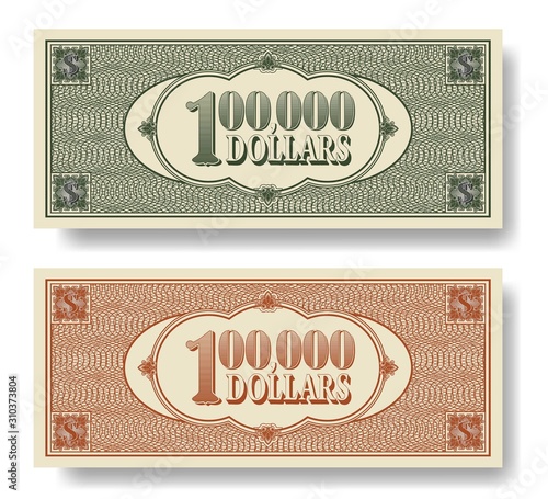 Green and orange banknote of 100,000 US dollars. Reverse side with guilloche mesh