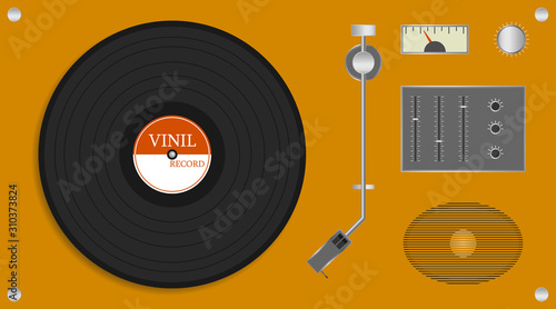 Vintage vinyl record player. Realistic yellow record player with audio speaker and vinyl disc. Vector illustration of a record.
