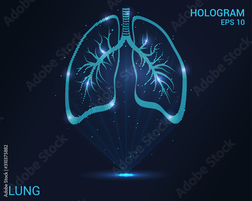 The hologram lung. Holographic projection of human organs. Flickering energy flux of particles. Scientific medicine design.