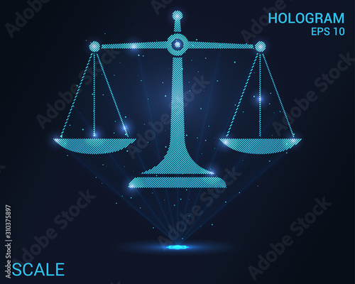 Hologram scales. Holographic projection scales of justice. Flickering energy flux of particles.
