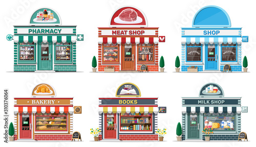 Set of detailed city shop buildings. Bakery, book, milk, meat, pharmacy, grocery store. Small european style shop exterior. Commercial, property, market or supermarket. Flat vector illustration photo