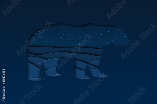 north arctic polar white bear in paper cut craft style with dusk winter landscape background, horizontal stock vector illustration clip art with copy space