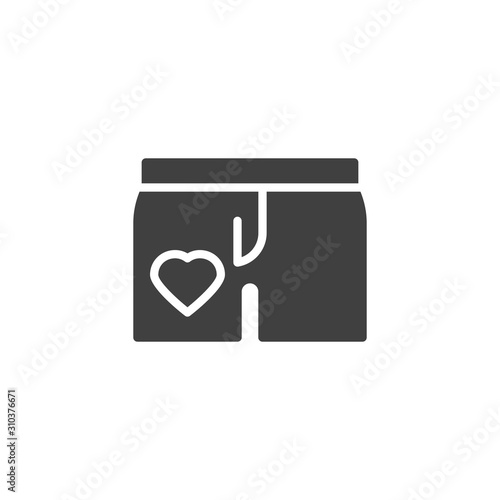 Shorts with heart vector icon. Valentine day clothing filled flat sign for mobile concept and web design. Panties with heart glyph icon. Symbol, logo illustration. Vector graphics