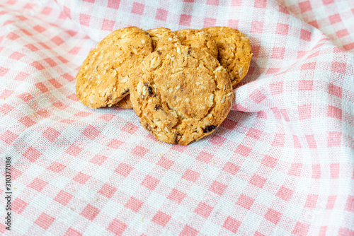 Oatmeal cookies on a tablecloth