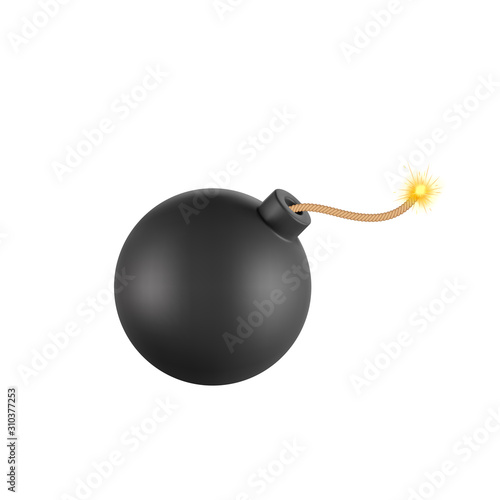 Black round bomb with sparkling wick. Vector illustration.