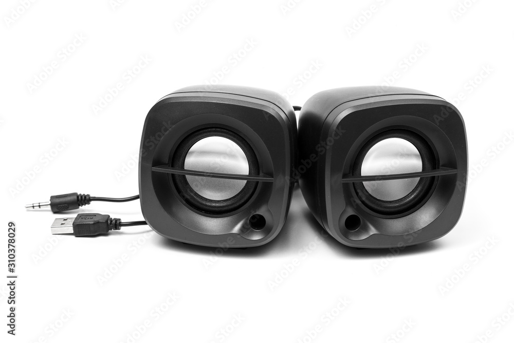 Black two computer speaker, isolated on white background. Black two computer speaker, isolated on white background.