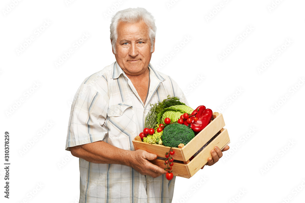Veganism as a way of living is demonstrated by a white-haired man in a checkered buttoned shirt. The healthy looking middle-aged man is holding a wood box with a set of different coloured vegetable. Veganism as a way of living is demonstrated by a white-haired man in a checkered buttoned shirt. The healthy looking middle-aged man is holding a wood box with a set of different coloured vegetable.