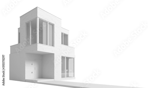 View exterior layout of a modern small house C facade trim of rectangular boards on a light background. 3D illustration