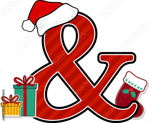 ampersand symbol with red santa's hat and christmas design elements isolated on white background. can be used for holiday season card, nursery decoration or christmas paty invitation