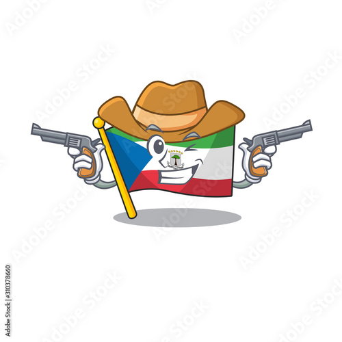 Flag equatorial guinea Scroll mascot performed as a Cowboy with guns