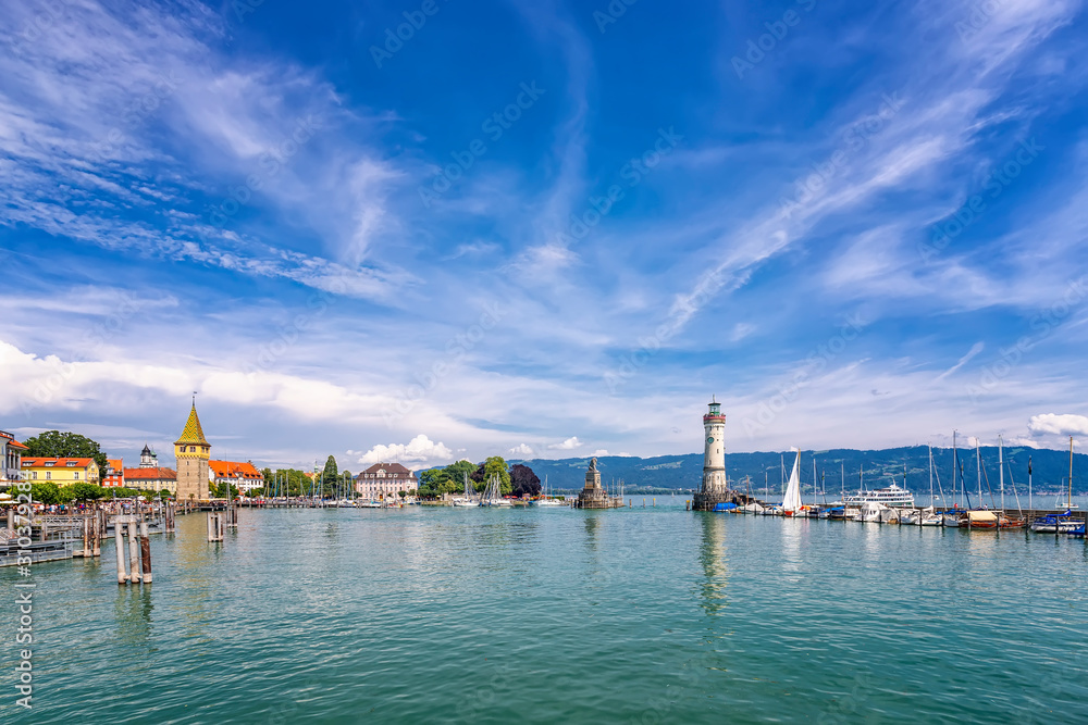 Lindau, Germany - July.21 2019: Picturesque port town Lindau on Lake Constance