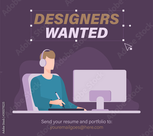 We are hiring graphic designer. Illustration of designer with headset working on computer