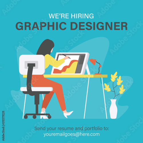 We are hiring graphic designer, creative people, artist. Illustration of woman designer