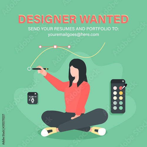 Designer wanted. Illustration of woman designer with digital drawing tools
