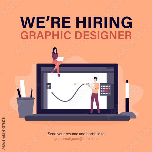 We are hiring graphic designer. Staffing & recruiting business concept with people and digital drawing tools illustration