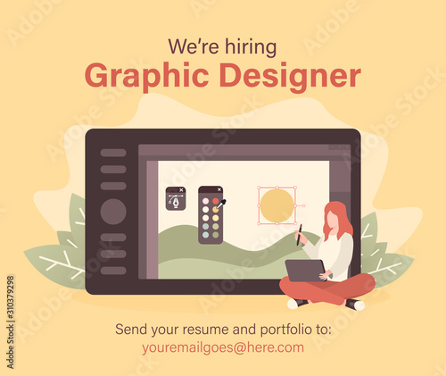 We are hiring graphic designer with woman and drawing tablet illustration