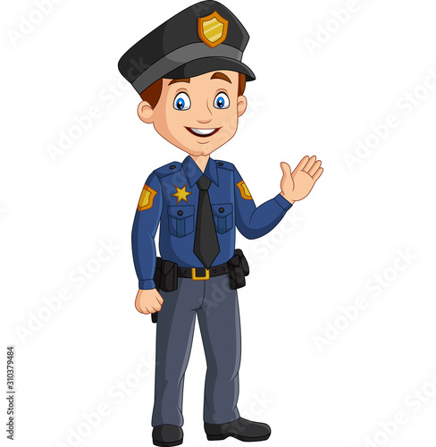Cartoon smiling policeman waving hand