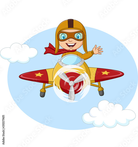 Cartoon little boy operating a plane