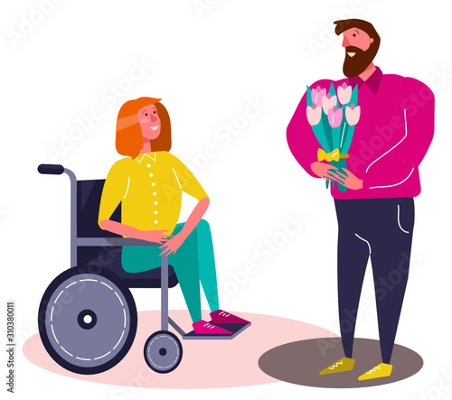 Cute bright flat vector illustration of romantic couple or friends on St Valentine day. Young disabled woman in wheelchair and man with flowers bouquet. Girlfriend and boyfriend smiling together