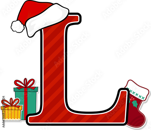 capital letter l with red santa's hat and christmas design elements isolated on white background. can be used for holiday season card, nursery decoration or christmas paty invitation