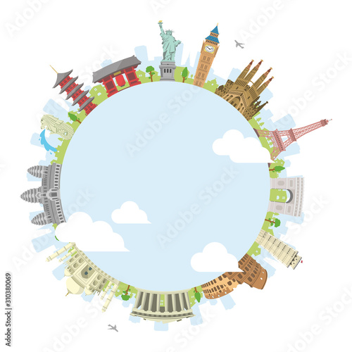world travel circular vector illustration ( world famous buildings / world heritage ) / blue blank space in the center