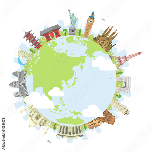 world travel circular vector illustration ( world famous buildings / world heritage ) / earth