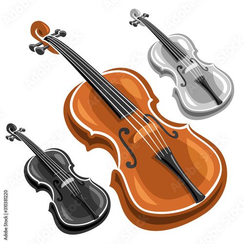 Vector set of Violins, collection of 3 cut out illustrations of classical violins different monochrome and brown colors on white background.