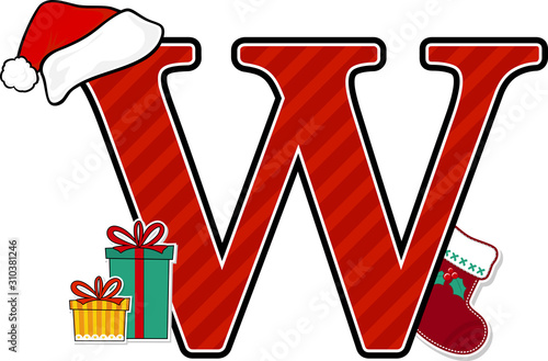 capital letter w with red santa's hat and christmas design elements isolated on white background. can be used for holiday season card, nursery decoration or christmas paty invitation