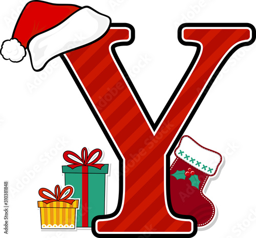 capital letter y with red santa's hat and christmas design elements isolated on white background. can be used for holiday season card, nursery decoration or christmas paty invitation
