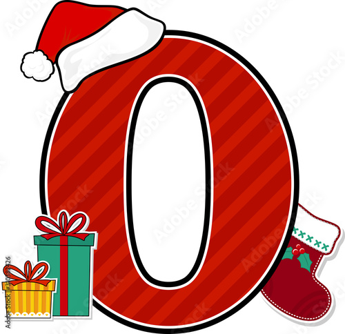 number 0 with red santa's hat and christmas design elements isolated on white background. can be used for holiday season card, nursery decoration or christmas paty invitation