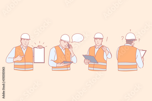 Construction engineer work, planning and communication, negative emotions concept
