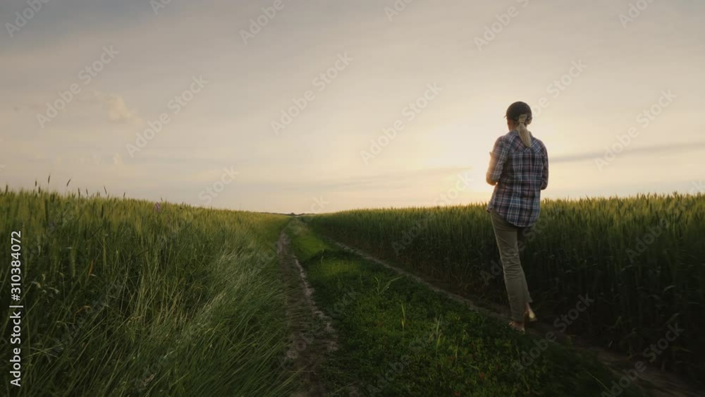 A female farmer walks along a country road along wheat fields. A female farmer walks along a country road along wheat fields.